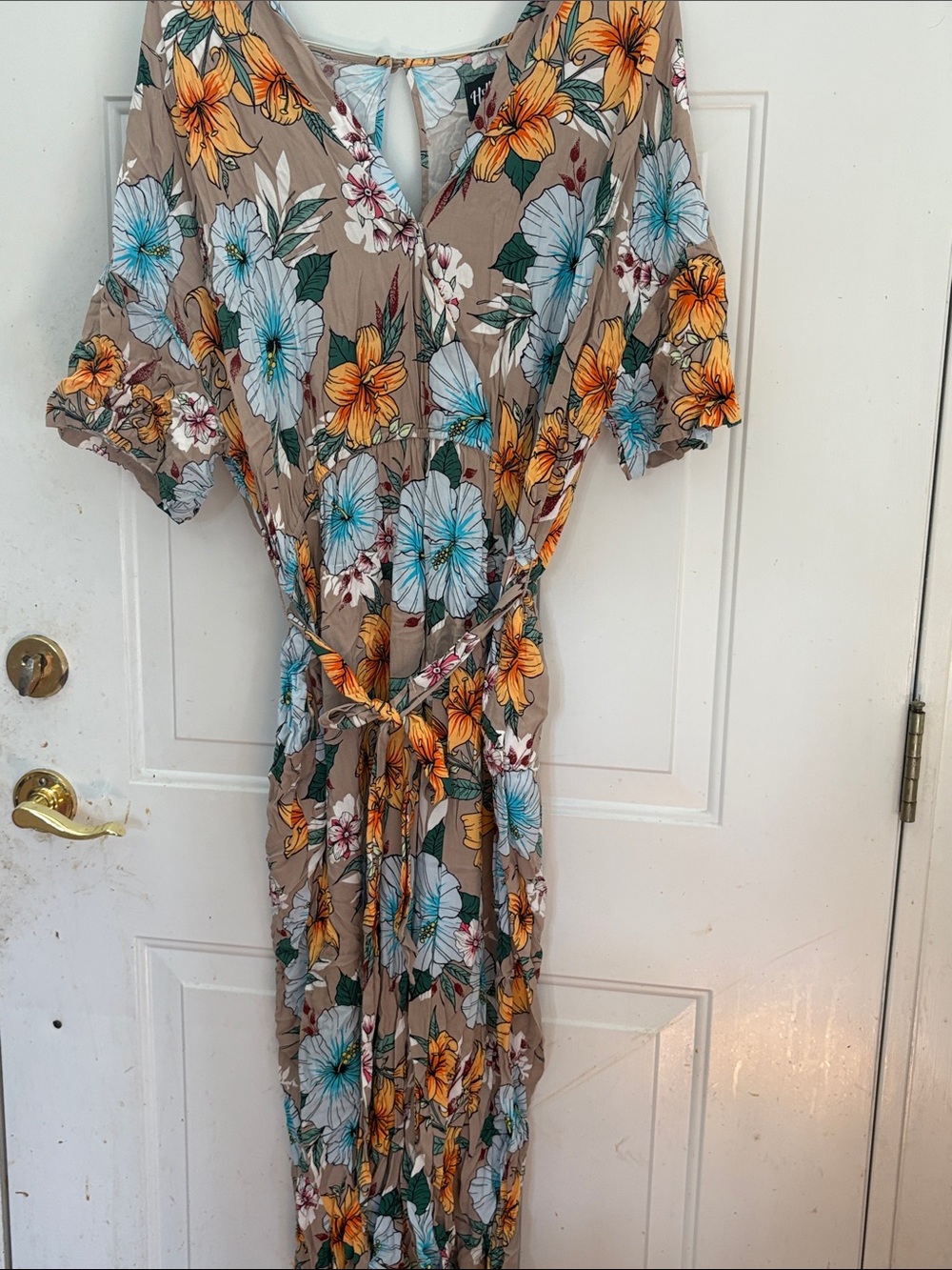 Hell Bunny Taupe Romper with Blue & Yellow Floral Pattern sz 3X